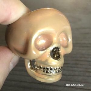 Spring Street Statement Skull Ring Tan Pearl Enamel Gold Plated 8 1/2 Adjustable